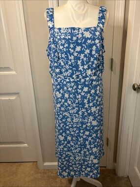Sandra Darren Blue & White Floral Square-Neck Midi Dress Size 2X